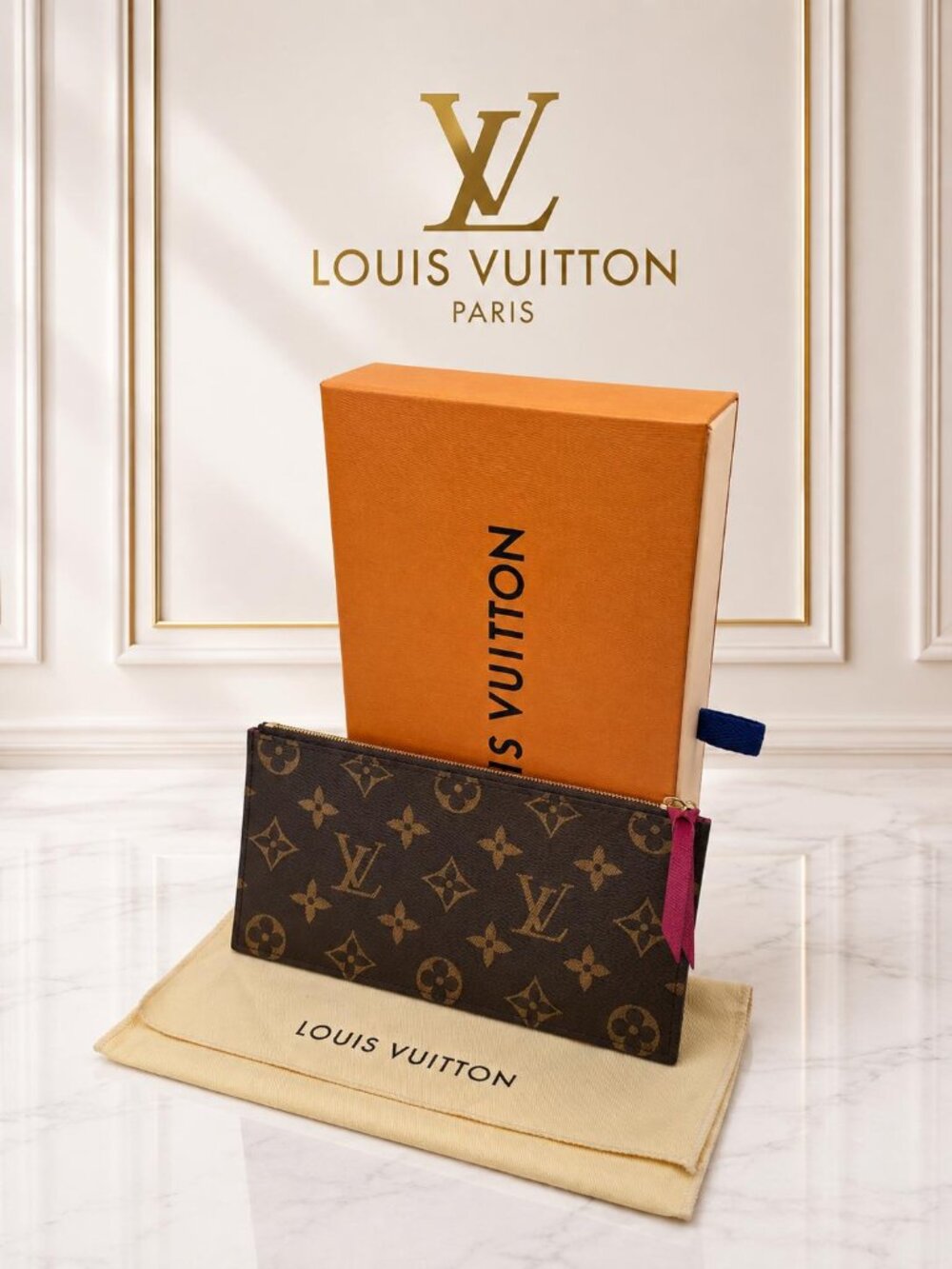 Authentic Louis Vuitton Monogram Canvas Zip Pouch Insert Brown Pink Leather Pull